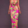 Leaf Printed Halter Backless Stretch Bodycon Maxi Dress