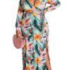 Print V Neck Long Sleeves Floor Length Dress