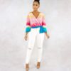 Rainbow Print Sexy Crossed V-Neck Lace Up  Street wear Loose Tops