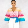Rainbow Print Sexy Crossed V-Neck Lace Up  Street wear Loose Tops - Image 2