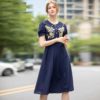 Runway Designer Gold Line Embroidery Short Sleeve Peter Pan Collar Vintage Dress