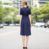 Runway Designer Gold Line Embroidery Short Sleeve Peter Pan Collar Vintage Dress - Image 2