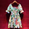 Sexy Off Shoulder Custom Button Flower Print Runway Cotton Short Dress - Image 3