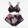 Sexy Satin Sleeveless Sling and Shorts Lace Floral Sleepwear - Image 2