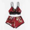Sexy Satin Sleeveless Sling and Shorts Lace Floral Sleepwear - Image 4