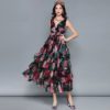 Sexy V Neck Sleeveless Vintage Rose Floral Print Ruffles Holiday Dress