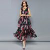 Sexy V Neck Sleeveless Vintage Rose Floral Print Ruffles Holiday Dress - Image 2