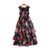 Sexy V Neck Sleeveless Vintage Rose Floral Print Ruffles Holiday Dress - Image 5