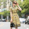 Short Sleeve Golden Totem Print High Waist Party Vintage Dress