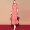 Short Sleeve Solid Floral Hollow out Embroidered Mid Calf Elegant Dress