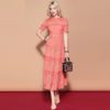Short Sleeve Solid Floral Hollow out Embroidered Mid Calf Elegant Dress - Image 2