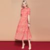Short Sleeve Solid Floral Hollow out Embroidered Mid Calf Elegant Dress - Image 3