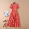 Short Sleeve Solid Floral Hollow out Embroidered Mid Calf Elegant Dress - Image 6