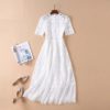 Short Sleeve Solid Floral Hollow out Embroidered Mid Calf Elegant Dress - Image 7