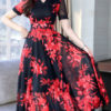 Short Sleeves V Neck Chiffon Swing Floral Maxi Dress - Image 3