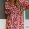 Square Neck Floral Print Puff Sleeve Sundress