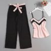 Stain Silk Top And Long Pants Strap Sling Sexy Sleepwear