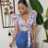 Street wear Short Puff Sleeve Print V-Neck Fashion Elegant Party Blouses Shirts