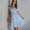 Stripe Sexy Off Shoulder Streetwear Elegant Crossed Short Sleeve Short Dress - Image 4