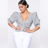 Striped Sexy Deep V-neck Puff Sleeve Elegant High Street Short Fashion Blouses
