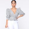 Striped Sexy Deep V-neck Puff Sleeve Elegant High Street Short Fashion Blouses - Image 2