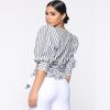 Striped Sexy Deep V-neck Puff Sleeve Elegant High Street Short Fashion Blouses - Image 3
