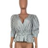 Striped Sexy Deep V-neck Puff Sleeve Elegant High Street Short Fashion Blouses - Image 4