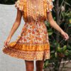V Neck Lace Up Floral Print Cotton Blend Beach Dress