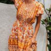 V Neck Lace Up Floral Print Cotton Blend Beach Dress - Image 2