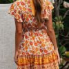 V Neck Lace Up Floral Print Cotton Blend Beach Dress - Image 3