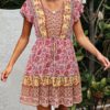 V Neck Lace Up Floral Print Cotton Blend Beach Dress - Image 4
