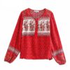 Vintage Floral Print Lace-Up O-Neck Blouses