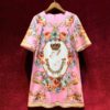 Vintage Runway Half Sleeve Diamond Beaded Flower Print Party Loose Dress - Image 7