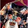 Vintage Runway Half Sleeve Diamond Beaded Flower Print Party Loose Dress - Image 3