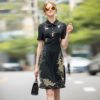 Vintage Short Sleeve  Runway Gold Line Embroidery High Quality Dress