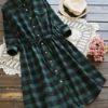 Button Through Drawstring Waist Plaid Shirt Dress