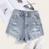 Casual Ripped Frayed High Waist Solid Denim Shorts
