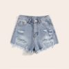Casual Ripped Frayed High Waist Solid Denim Shorts - Image 2