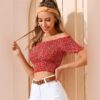 Off Shoulder Ditsy Floral Frilled Slim Fitted Crop Top