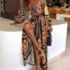 Boho Maxi Dresses Long Sleeves Printed V-Neck Slit Long Dress