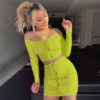 Buttons Long Sleeve Crop Tops Sexy Two Pieces Set - Image 2