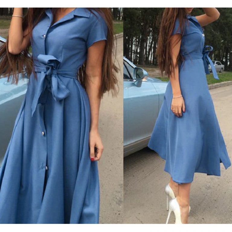 Elegant A line Solid Buttons Midi Dress