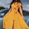 Elegant A line Solid Buttons Midi Dress - Image 2