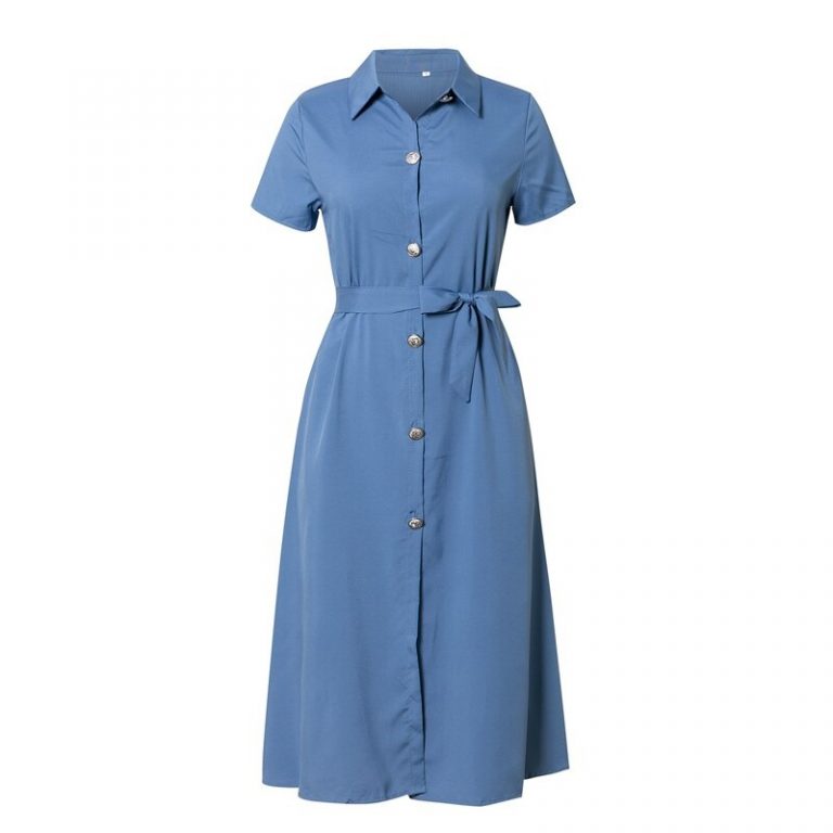 Elegant A line Solid Buttons Midi Dress - Image 5