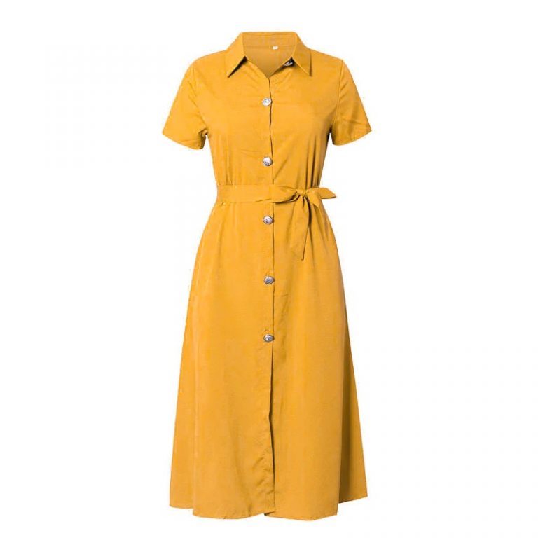 Elegant A line Solid Buttons Midi Dress - Image 6