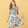 Elegant Floral Print Bow Beading Midi Dress