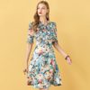 Elegant Floral Print Bow Beading Midi Dress - Image 3