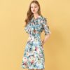 Elegant Floral Print Bow Beading Midi Dress - Image 5