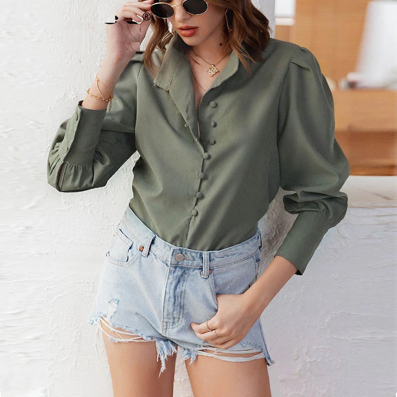 Elegant Puff Sleeve Solid Blouse Shirt - Image 2