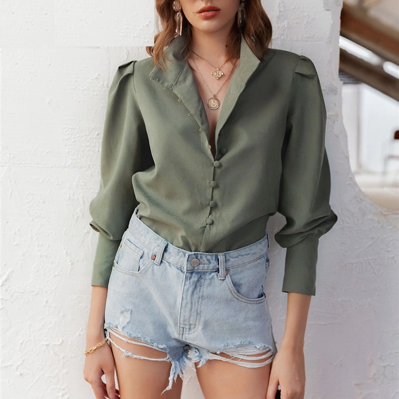 Elegant Puff Sleeve Solid Blouse Shirt - Image 5